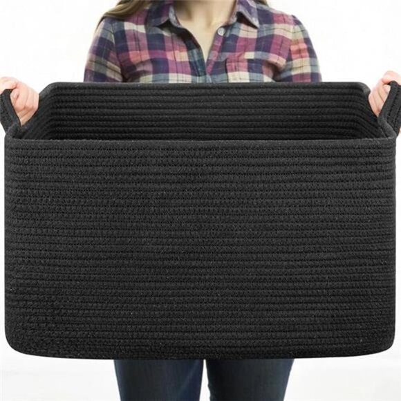 Large Black Woven Blanket Basket Cotton Rope Storage Bin for Toys Towels Laundry - Picture 8 of 8